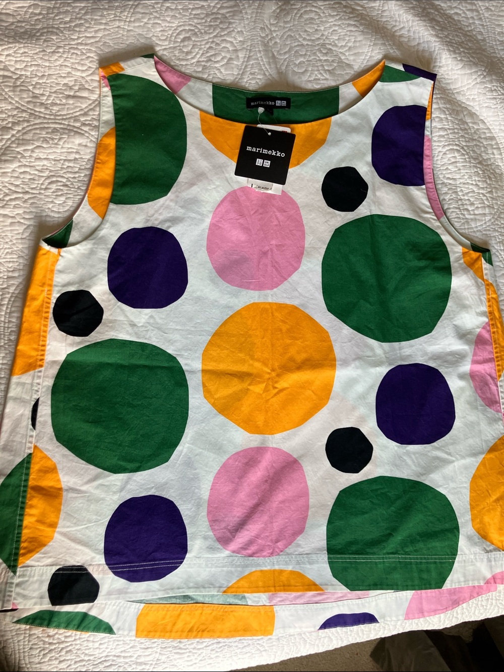 Marimekko Sleeveless Dot Print Top in White, Green, Yellow, Pink, Purple, Black